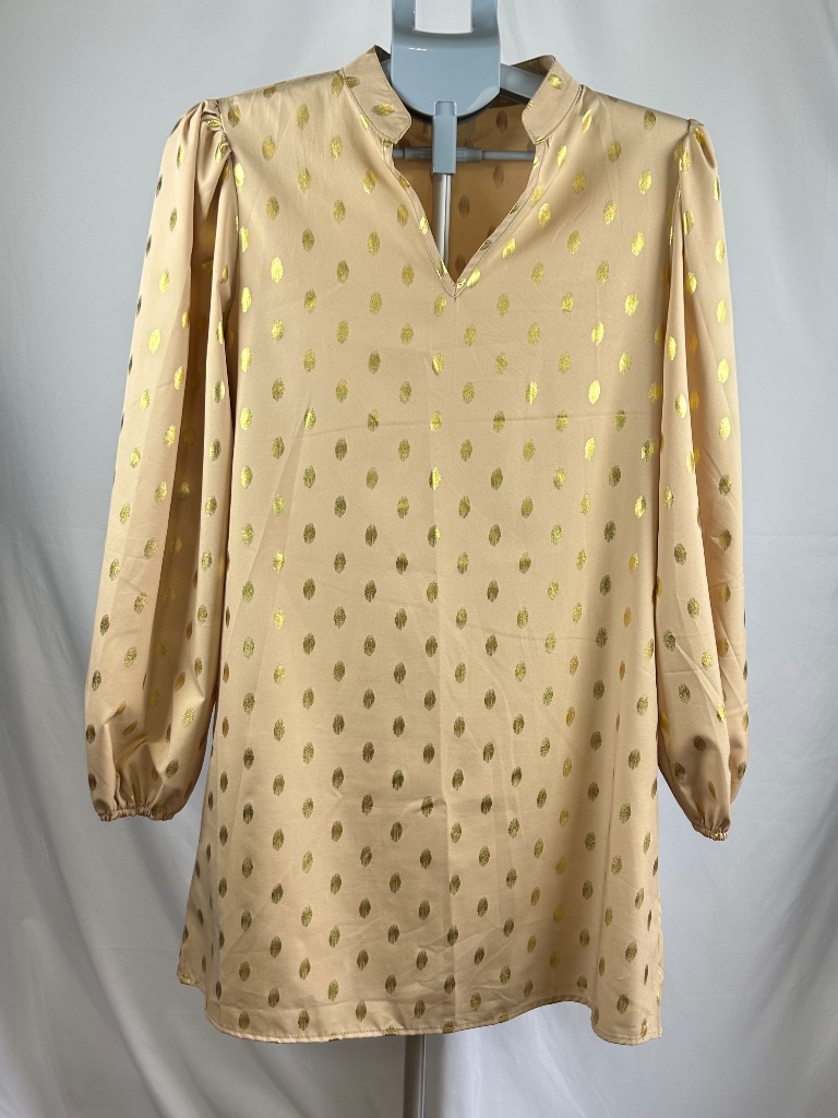 Lala Factory Tan Dress With Gold Dots, Size Large, Long Sleeve, V-Neck